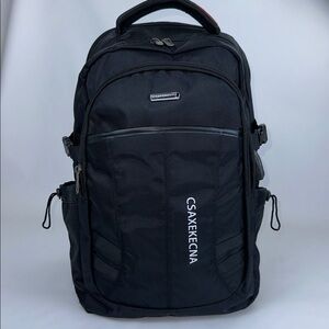 CSAXEKECNA Black Backpack. 6 Zipper Pockets. Heavy Duty. 2 Cinch Pockets. NWOT.